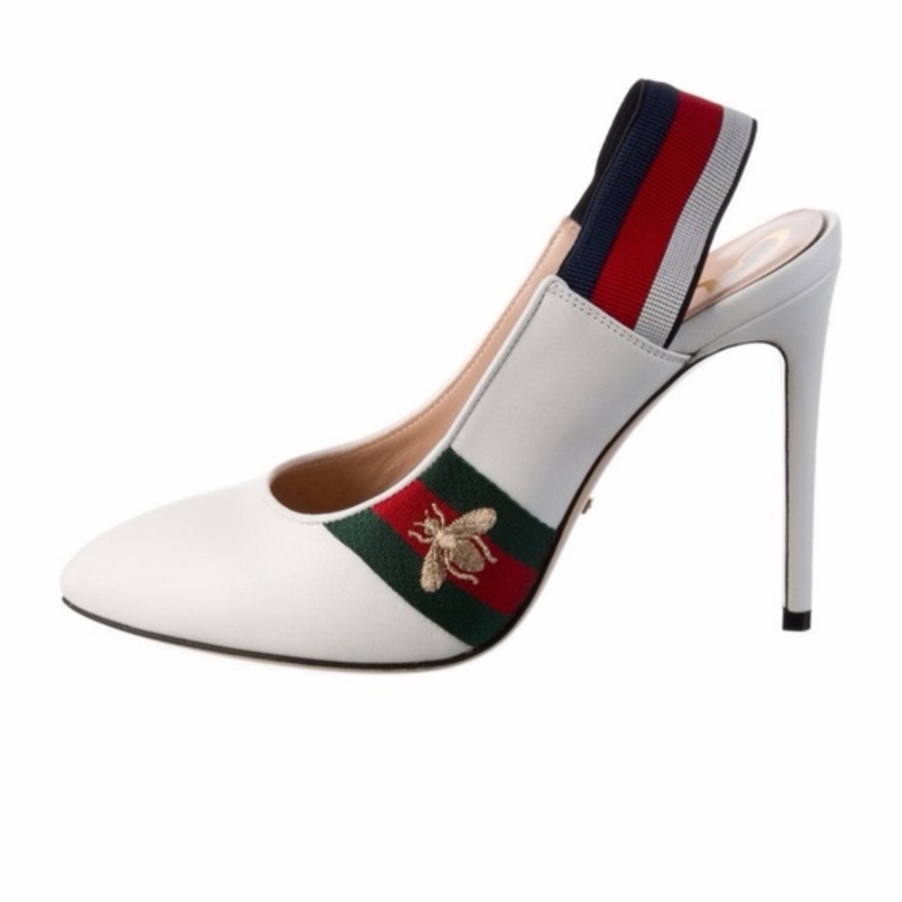 Gucci White Leather Sylvia Elastic Slingback Heels Red and Green Stripes